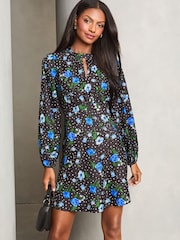 Lipsy Black Mini Printed Long Sleeve Keyhole Underbust Dress - Image 1 of 4