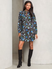 Lipsy Black Mini Printed Long Sleeve Keyhole Underbust Dress - Image 2 of 4