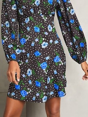 Lipsy Black Mini Printed Long Sleeve Keyhole Underbust Dress - Image 3 of 4
