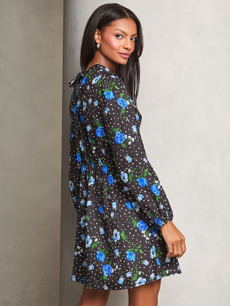 Lipsy Black Mini Printed Long Sleeve Keyhole Underbust Dress - Image 4 of 4