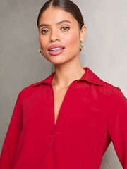 Lipsy Red V-Neck 3/4 Sleeve Collared Blouse - Image 2 of 4