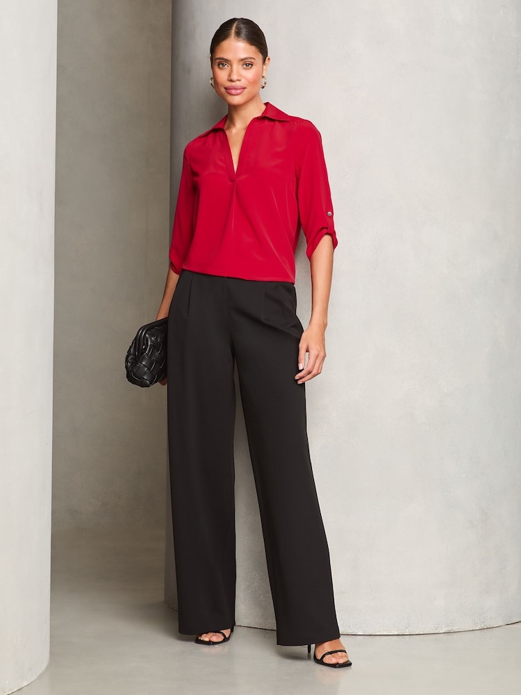 Lipsy Red V-Neck 3/4 Sleeve Collared Blouse - Image 3 of 4