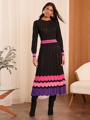 Love & Roses Black Fine Gauge Pleated Midi Knitted Dress - Image 1 of 4