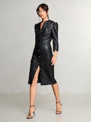 Lipsy Faux Leather Collarless Midi Shirt Dress - Imagen 2 de 4