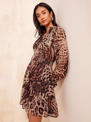 Friends Like These Brown Animal Long Sleeve Open Tie Neck Chiffon Mini Dress - Image 1 of 4