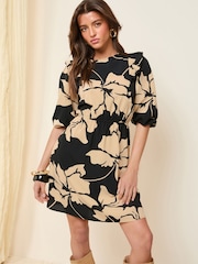 Friends Like These Black and Cream 3/4 Ruffle Sleeve Mini Dress - Image 1 of 5