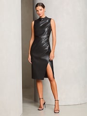 Lipsy Black Faux Leather Drape Bodycon Midi Dress - Image 1 of 4