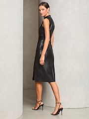 Lipsy Black Faux Leather Drape Bodycon Midi Dress - Image 2 of 4
