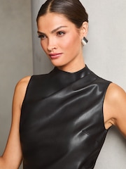 Lipsy Black Faux Leather Drape Bodycon Midi Dress - Image 4 of 4