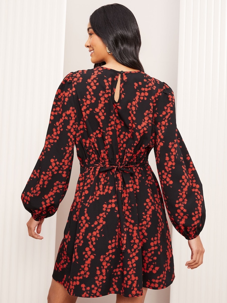 Friends Like These Black/Red Floral Long Sleeve Empire Mini Dress - Image 4 of 4