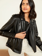 Love & Roses Black Petite Faux Leather Buckle Biker Jacket - Image 1 of 4