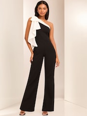 Lipsy Black and White One Shoulder Bow Jumpsuit - Image 1 of 4