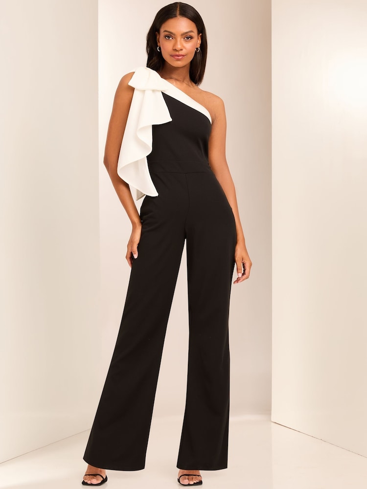 Lipsy Black and White One Shoulder Bow Jumpsuit - Image 1 of 4