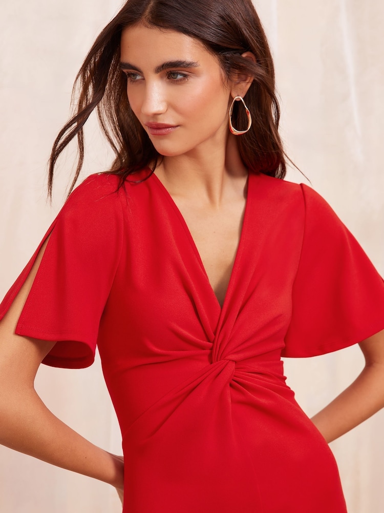 Friends Like These Red Angel Sleeve Twist Front Tailored Midi Dress - Image 2 of 4
