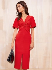 Friends Like These Red Angel Sleeve Twist Front Tailored Midi Dress - Image 3 of 4