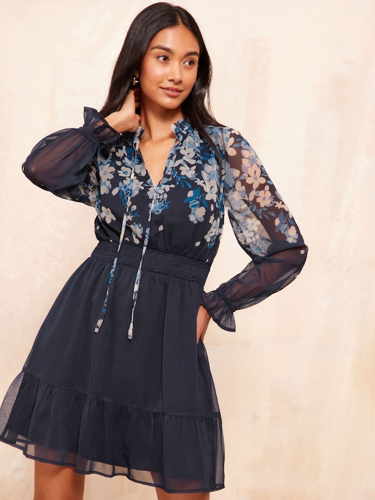 Friends Like These Navy Blue Floral Long Sleeve Open Tie Neck Chiffon Mini Dress - Image 2 of 5