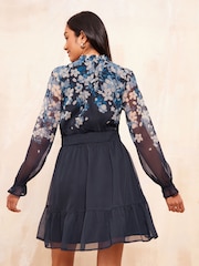 Friends Like These Navy Blue Floral Long Sleeve Open Tie Neck Chiffon Mini Dress - Image 3 of 5