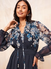 Friends Like These Navy Blue Floral Long Sleeve Open Tie Neck Chiffon Mini Dress - Image 4 of 5