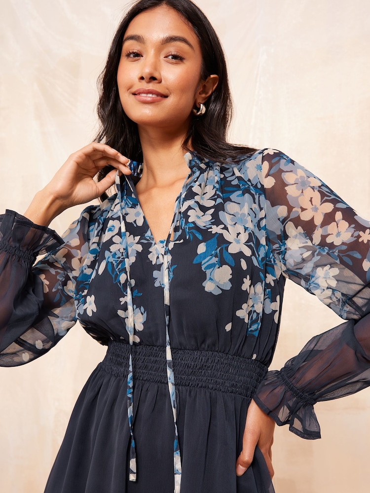 Friends Like These Navy Blue Floral Long Sleeve Open Tie Neck Chiffon Mini Dress - Image 4 of 5