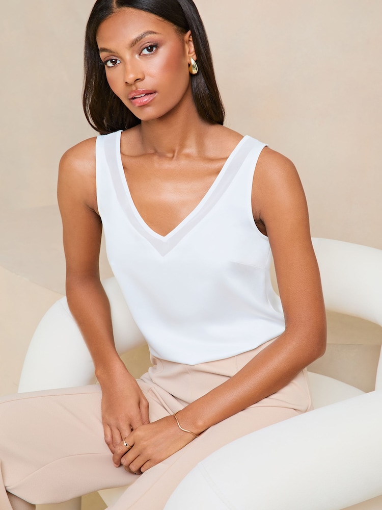 Lipsy Ivory White Chiffon Panel V-Neck Camisole - Image 1 of 4