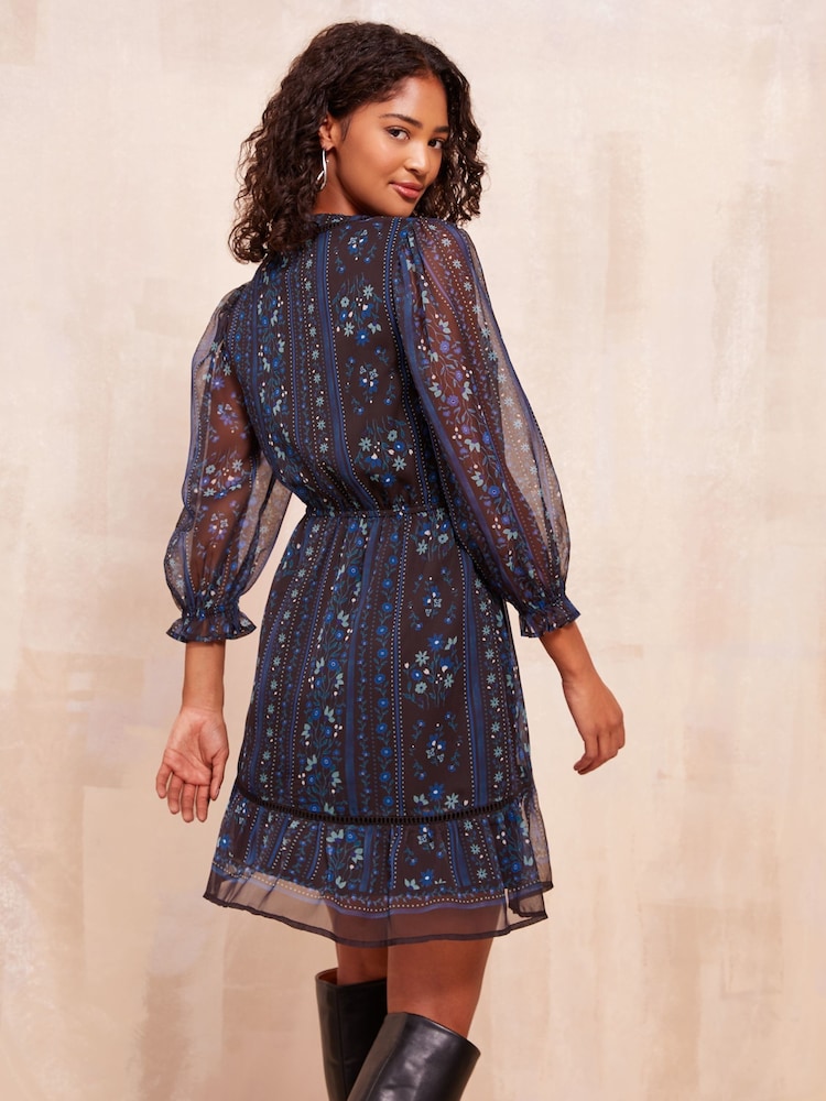 Friends Like These Blue Floral Petite Long Sleeve Chiffon Mini Dress - Image 2 of 5
