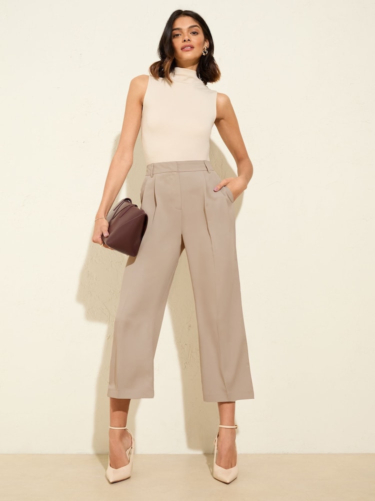 Friends Like These Camel Premium Crop Wide Leg Elastic Waist Trousers - Image 1 of 4 Friends Like These Camel Premium Crop Wide Leg Elastic Waist Trousers - Image 1 of 4