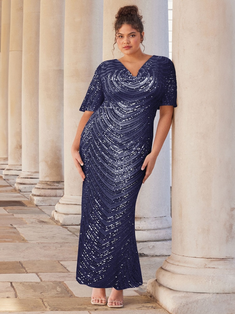 Lipsy Navy 2 Curve Cowl Neck Sequin Maxi Dress - Image 1 of 1
