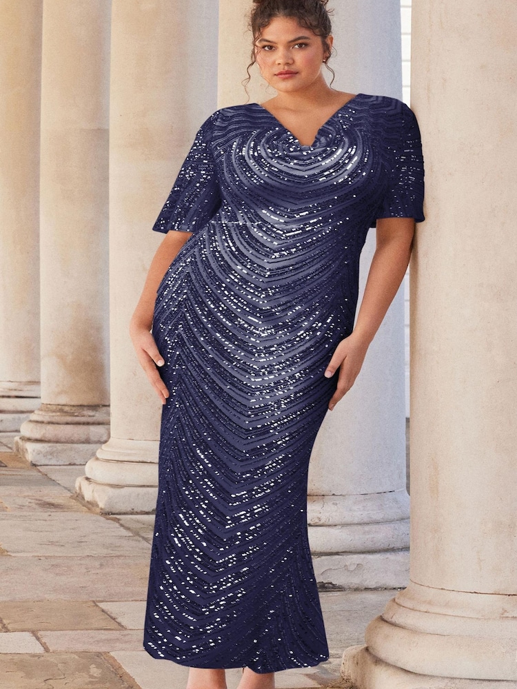 Lipsy Navy 2 Curve Cowl Neck Sequin Maxi Dress - Image 6 of 6