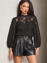 Lipsy Black Lace High Neck Blouson Blouse - Image 1 of 4