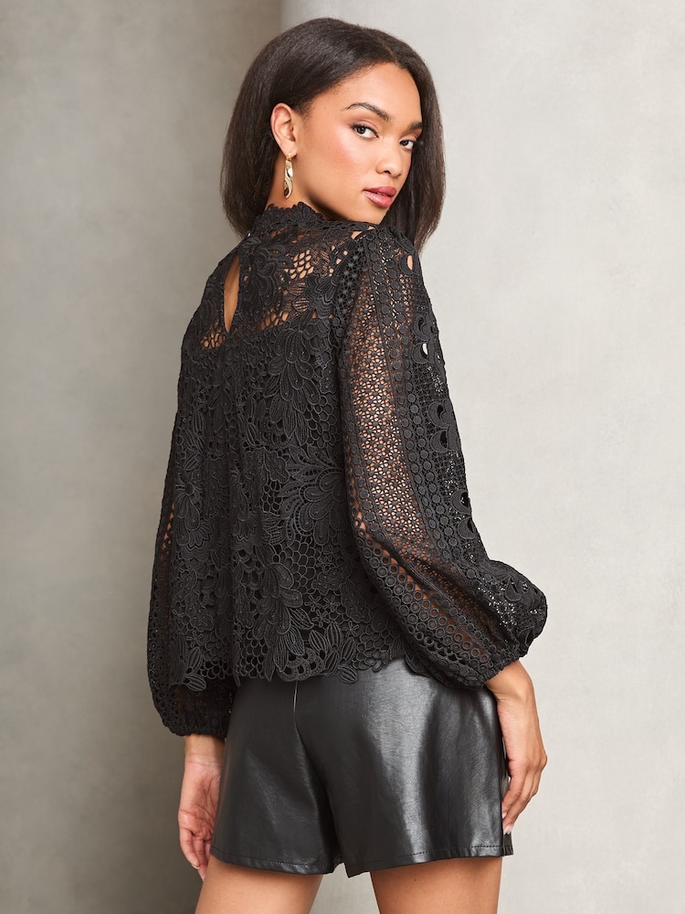 Lipsy Black Lace High Neck Blouson Blouse - Image 4 of 4