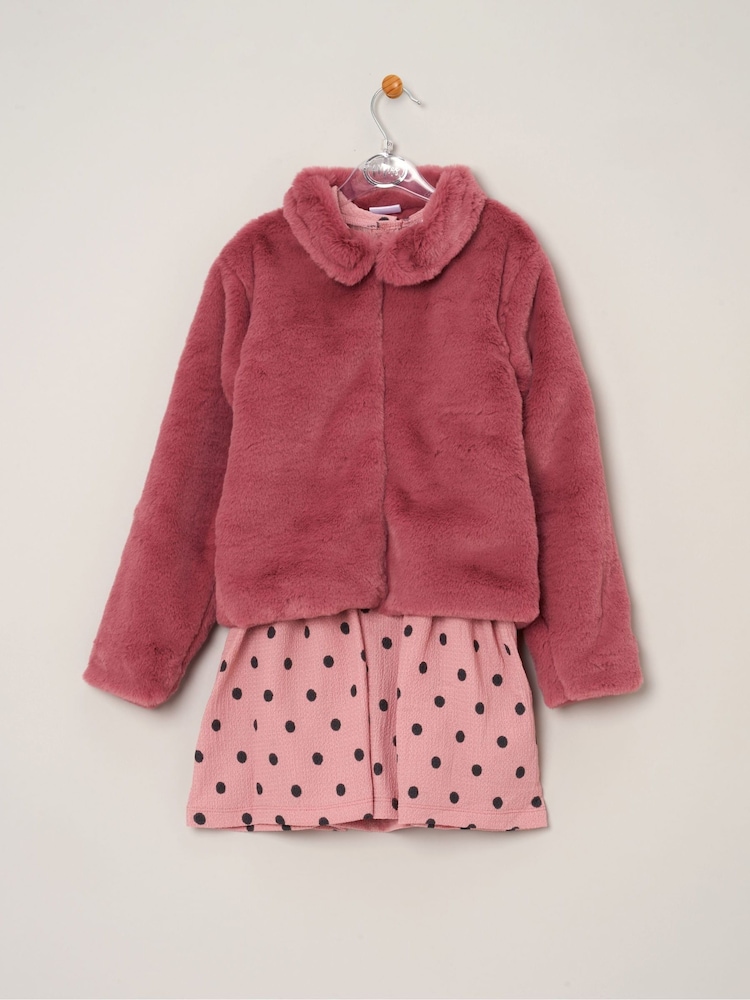 Miss Girls Faux Fur Jacket, Dress And Tights Outfit Set - Image 1 of 4