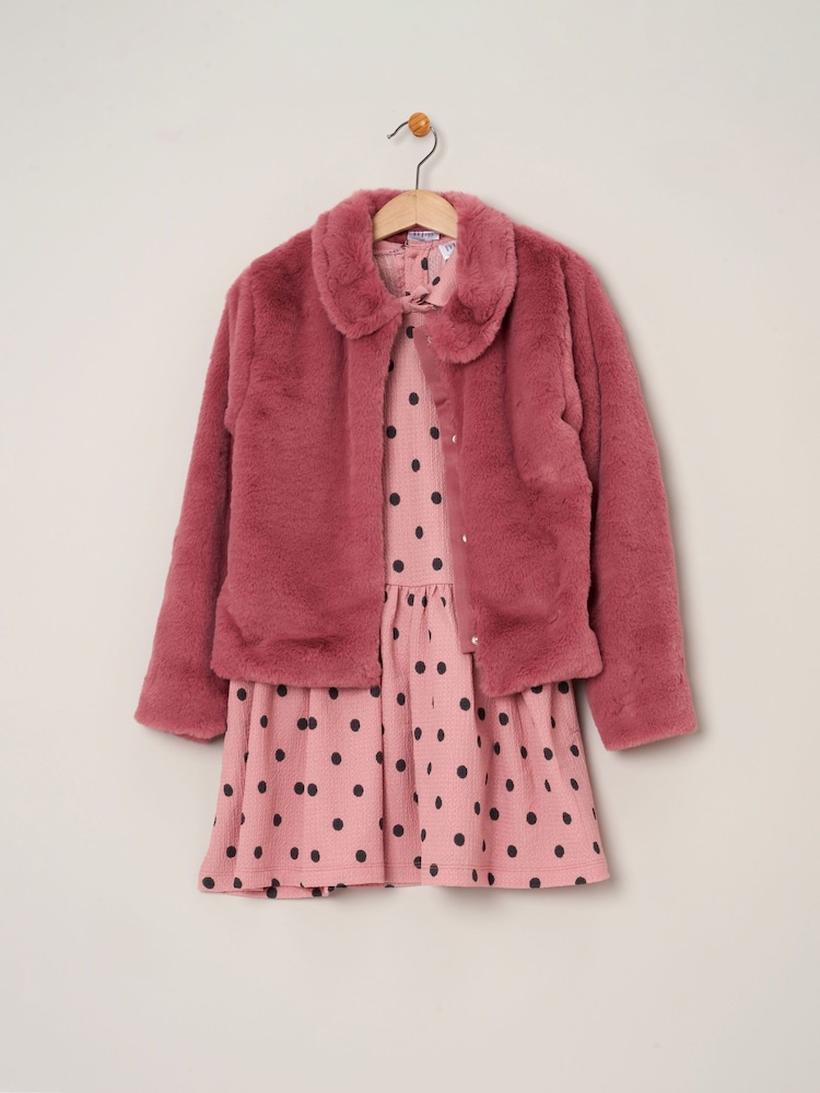 Miss Girls Faux Fur Jacket, Dress And Tights Outfit Set - Image 2 of 4
