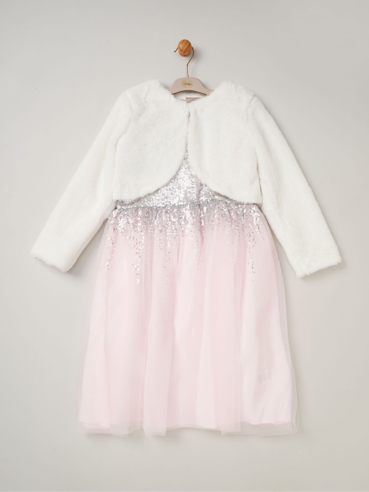 Miss Sequin Waterfall Dress With Faux Fur Bolero Outfit Set - Image 1 of 4