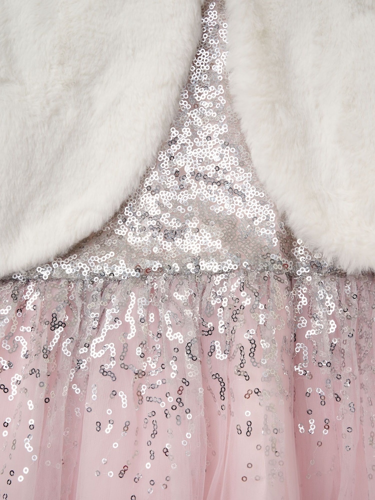 Miss Sequin Waterfall Dress With Faux Fur Bolero Outfit Set - Image 4 of 4