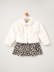 Miss Girls Faux Fur Jacket, Dress And Tights Outfit Set - Image 1 of 3