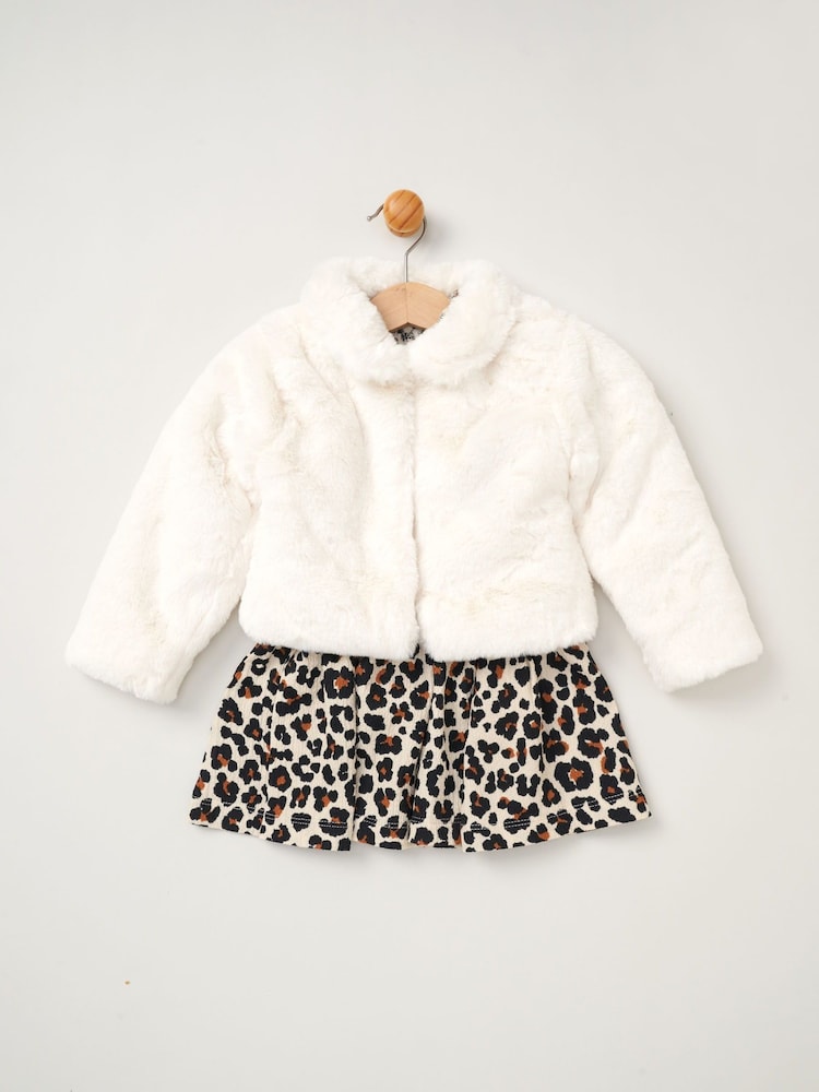 Miss Girls Faux Fur Jacket, Dress And Tights Outfit Set - Image 1 of 3