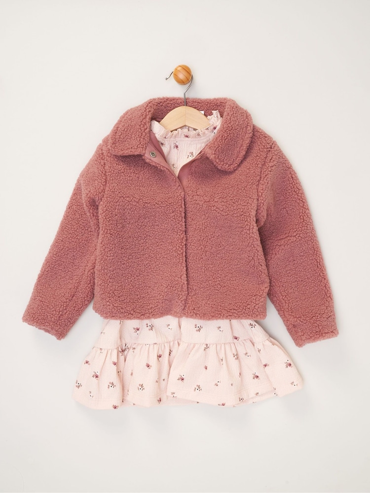 Miss Girls Faux Fur Jacket, Dress And Tights Outfit Set - Image 1 of 4