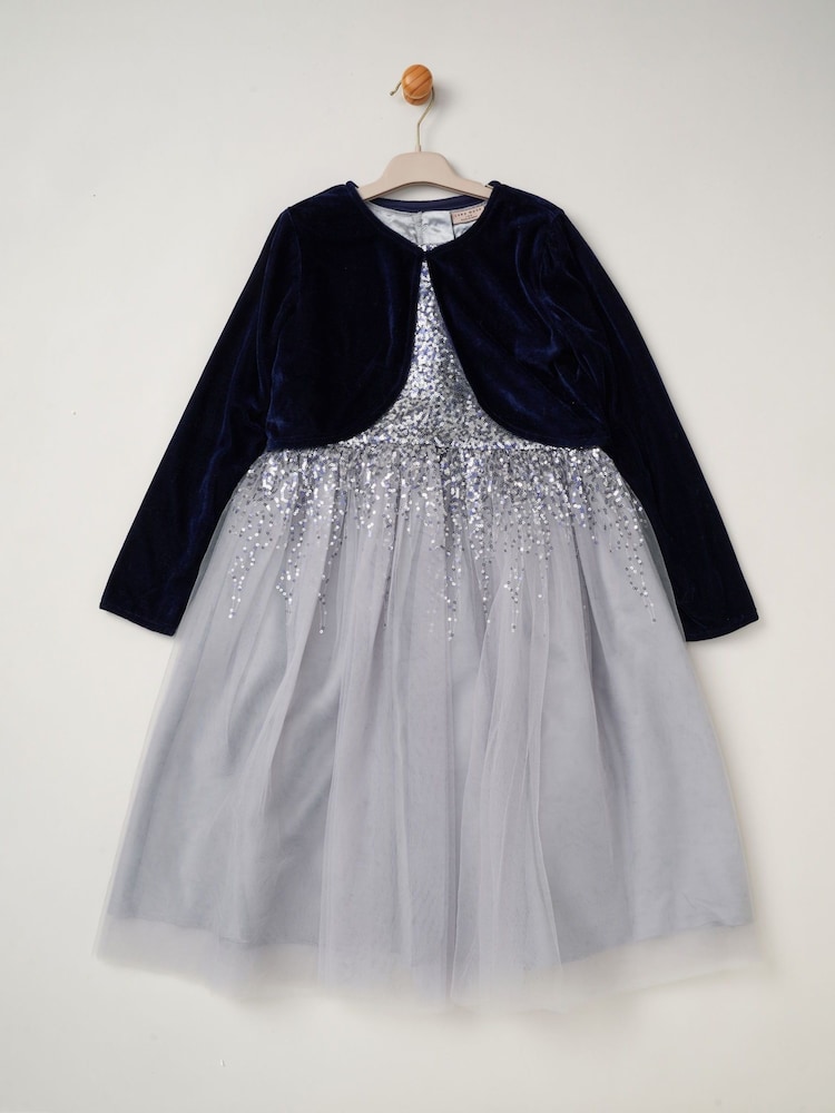 Miss Sequin Waterfall Dress With Faux Fur Bolero Outfit Set - Image 1 of 4