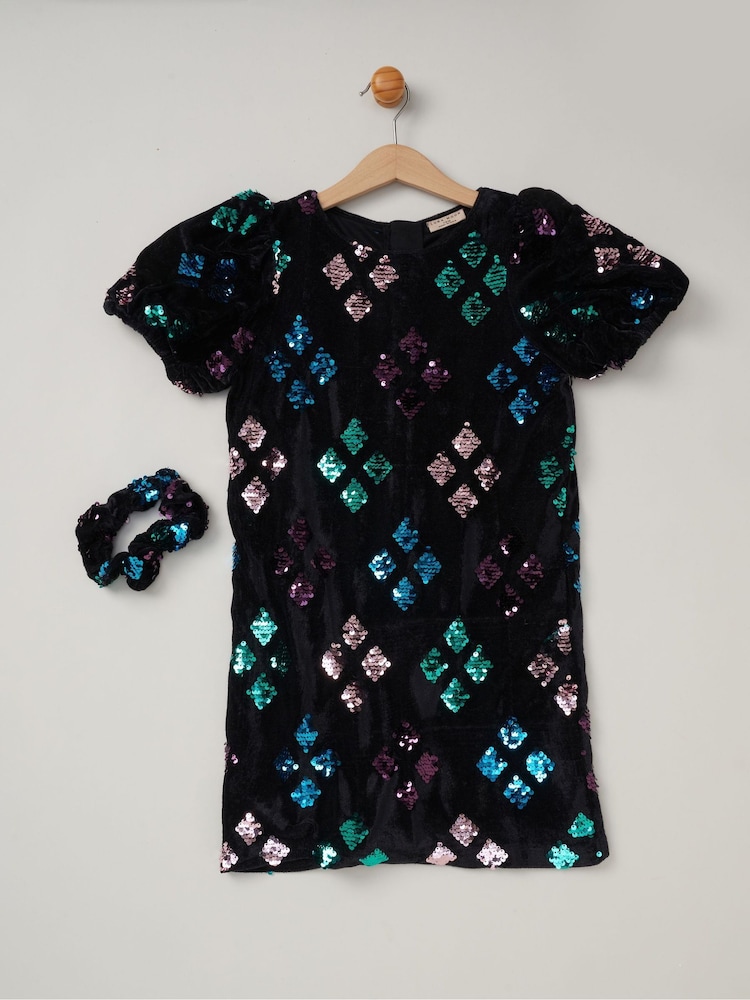 Miss Sequin Shift Dress and Matching Scrunchie Outfit Set - Image 1 of 3