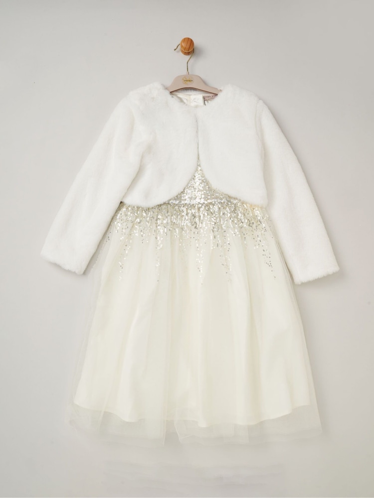 Blanco - Miss Sequin Waterfall Dress With Faux Fur Bolero Outfit Set - Imagen 1 de 4