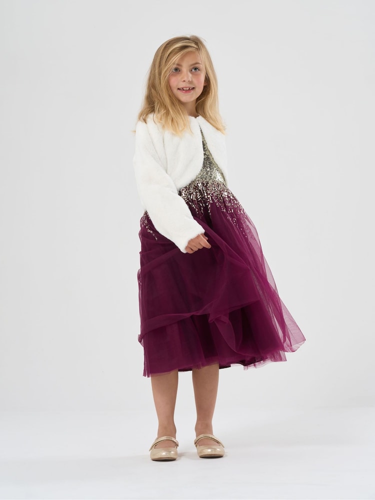 Miss Sequin Waterfall Dress With Faux Fur Bolero Outfit Set - Image 1 of 4