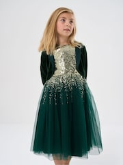 Miss Sequin Waterfall Dress With Faux Fur Bolero Outfit Set - Image 1 of 5