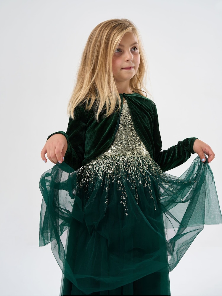 Miss Sequin Waterfall Dress With Faux Fur Bolero Outfit Set - Image 5 of 5