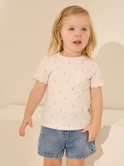 Ecru Ditsy Floral 100% Cotton Print Short Sleeve Scallop T-Shirt (3mths-7yrs) - Image 1 of 8