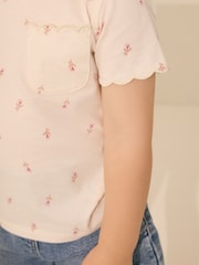 Ecru Ditsy Floral 100% Cotton Print Short Sleeve Scallop T-Shirt (3mths-7yrs) - Image 4 of 8
