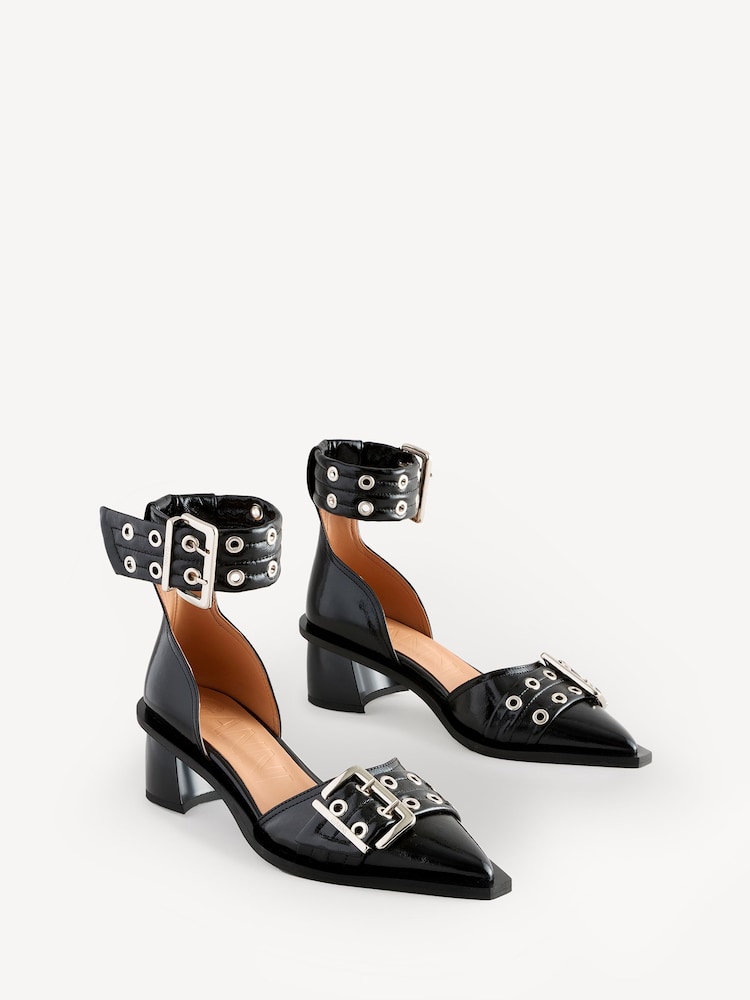 Ganni Black Feminine Buckle Open Cut Satin Print Pumps - Image 2 of 6 Ganni Black Feminine Buckle Open Cut Satin Print Pumps - Image 2 of 6