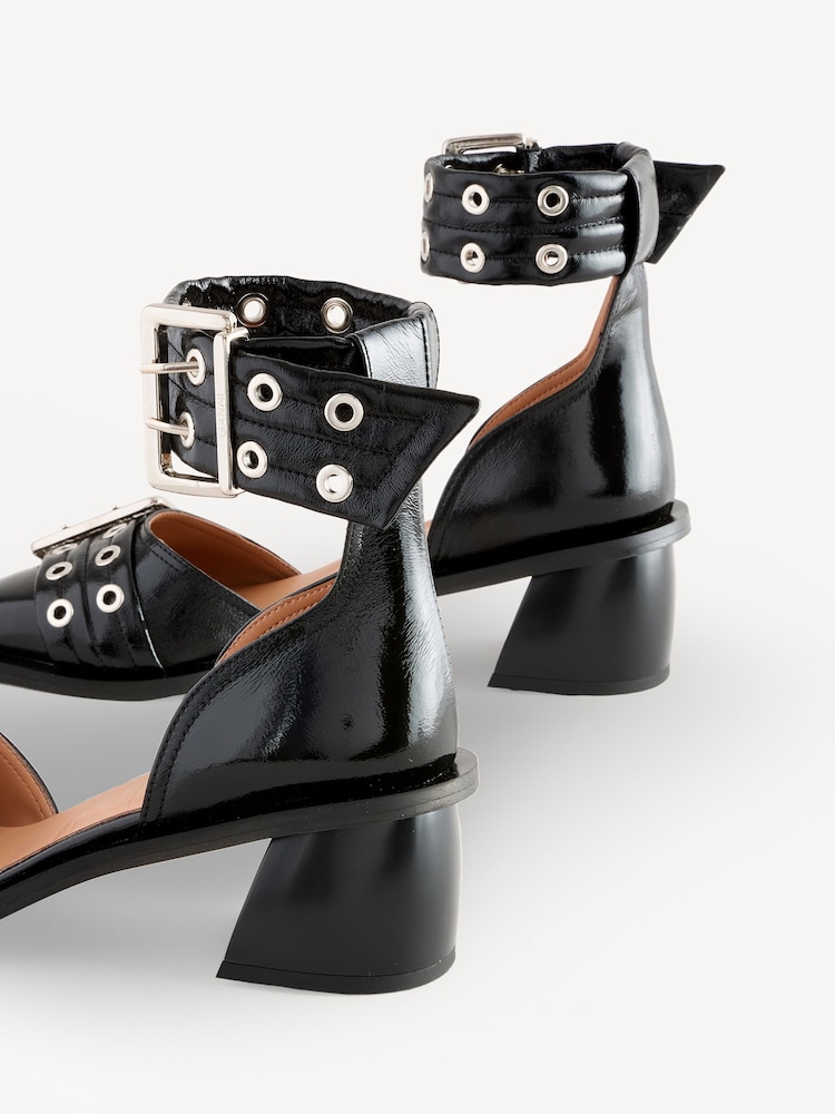 Ganni Black Feminine Buckle Open Cut Satin Print Pumps - Image 6 of 6