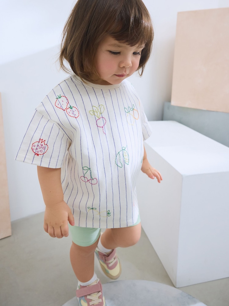 White Stripe Embroidered Fruits Short Sleeve T-Shirt (3mths-7yrs) - Image 1 of 8