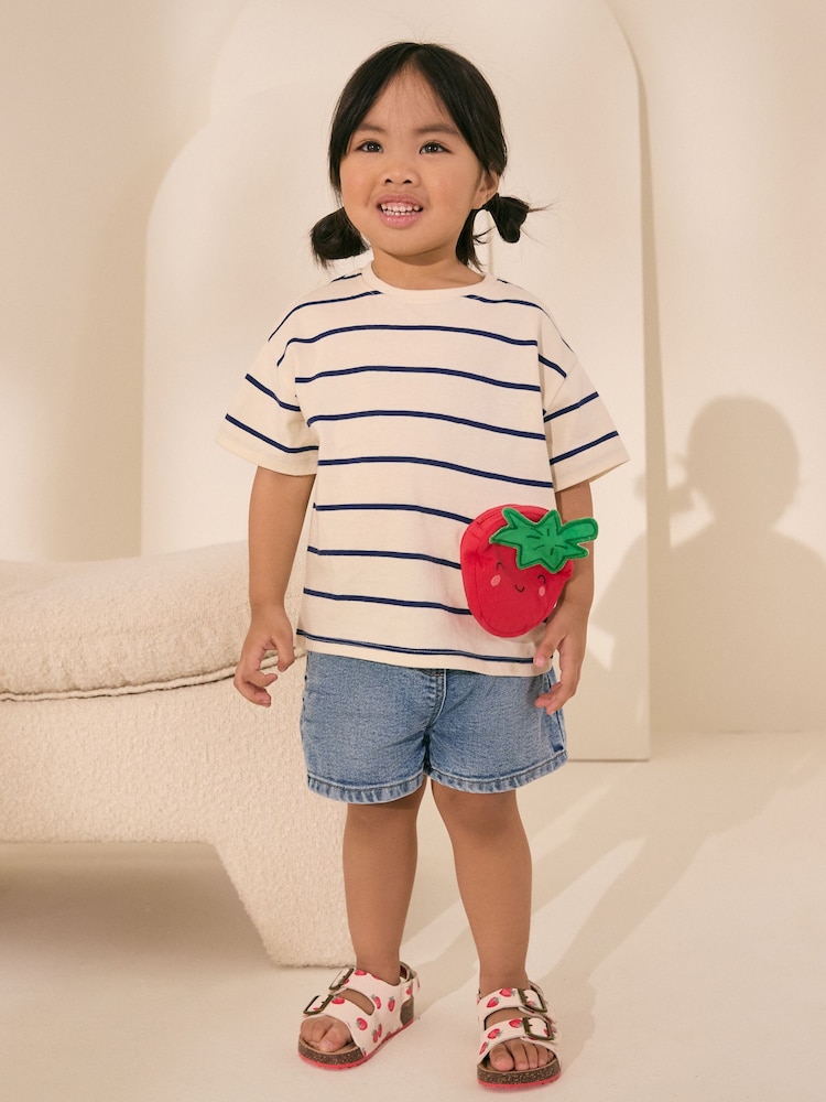 Cream/Navy Stripe Strawberry 100% Cotton Short Sleeve Bag T-Shirt (3mths-7yrs) - Image 1 of 3