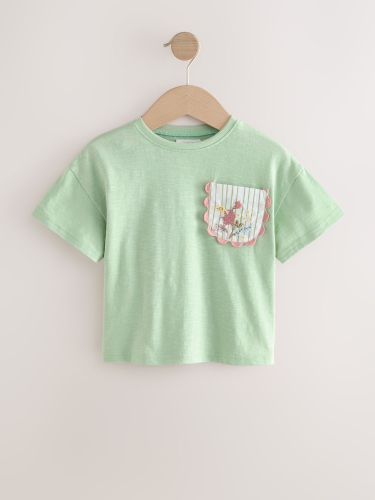 Sage Green 100% Cotton Short Sleeve Embroidered Pocket T-Shirt (3mths-7yrs) - Image 4 of 7